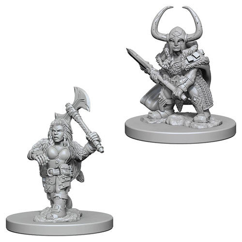 Unpainted miniatures of a dwarf female barbarian wielding an axe and a spear, designed for Dungeons & Dragons gameplay.