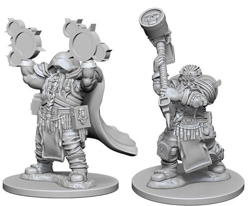 Unpainted Dungeons & Dragons miniature of a male dwarf cleric holding a hammer and a shield, showcasing detailed armor and accessories.