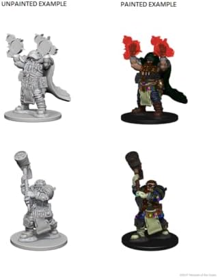 Unpainted and painted examples of Nolzur's Marvelous Miniatures Dwarf Male Cleric for Dungeons & Dragons.