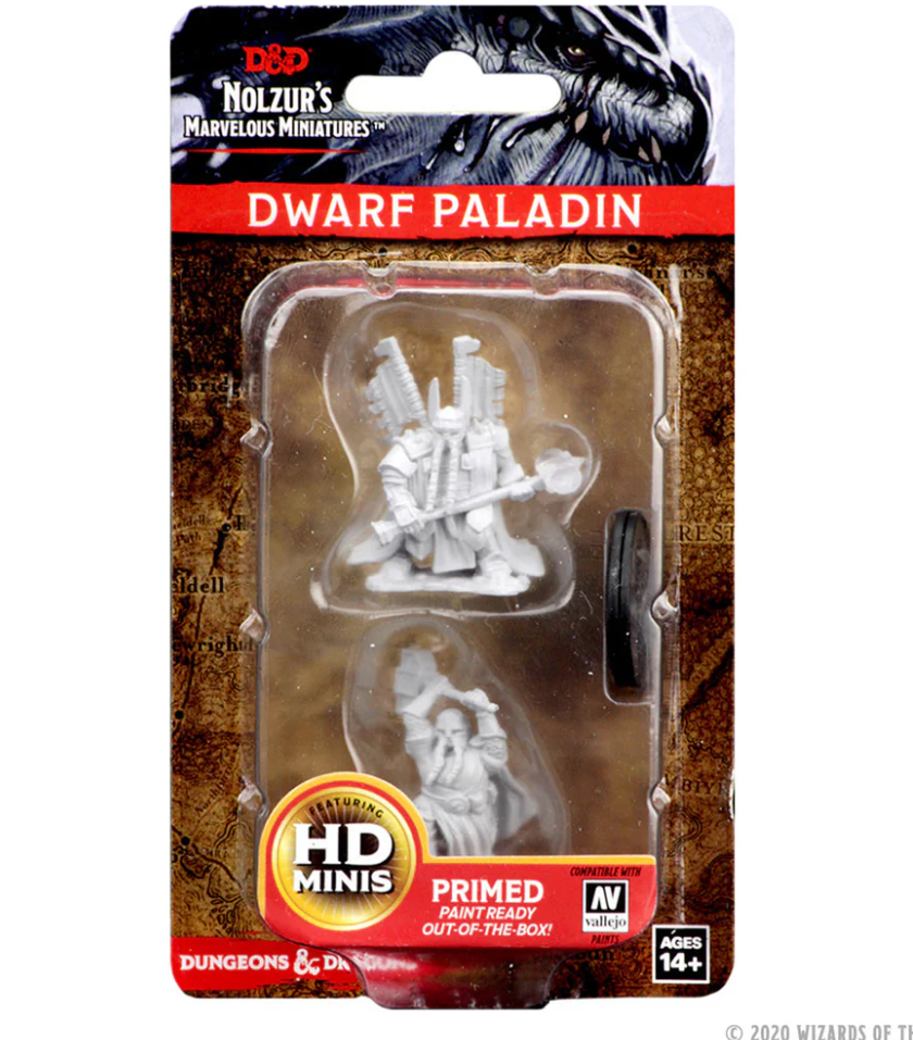 Unpainted Dungeons & Dragons miniature of a male dwarf paladin, primed and ready for painting, in packaging.