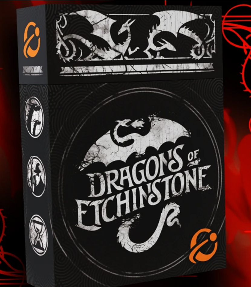 Black box for the board game "Dragons of Etchinstone," featuring intricate dragon designs and bold white text.