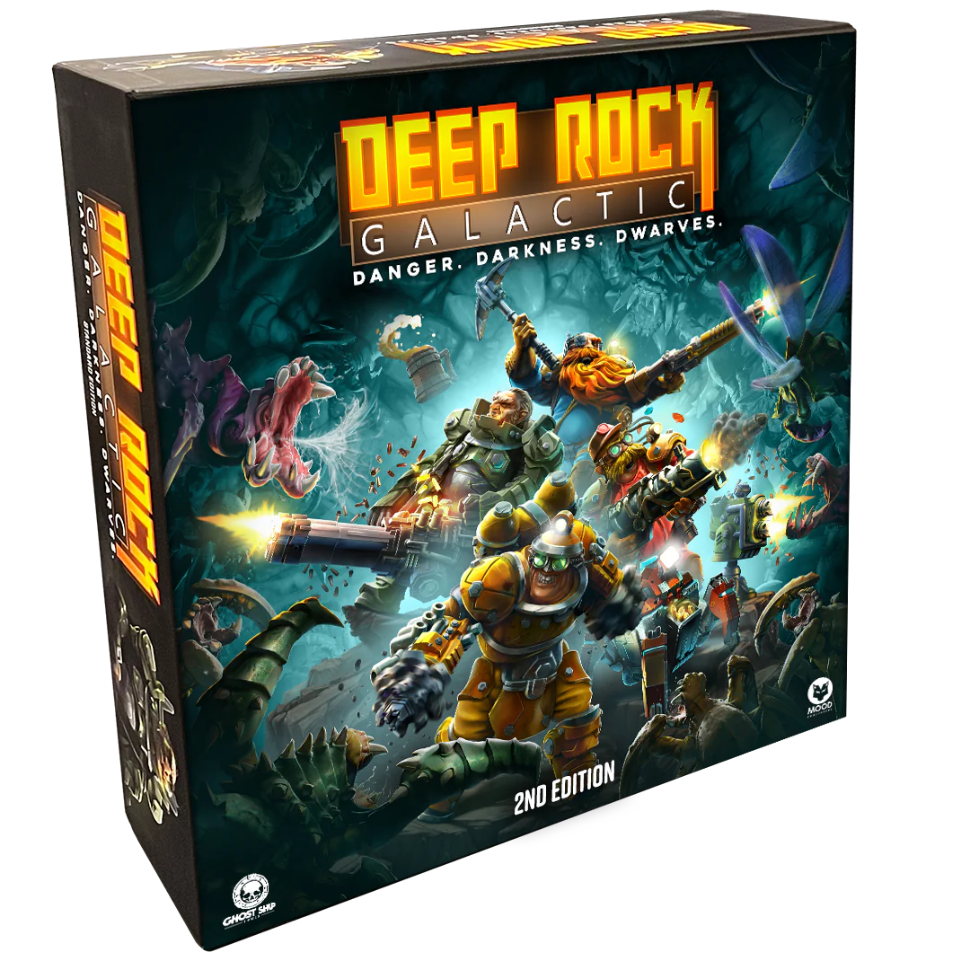 Deep Rock Galactic: Base Game - 2nd Edition box featuring dwarves battling alien creatures in a dark, vibrant environment.