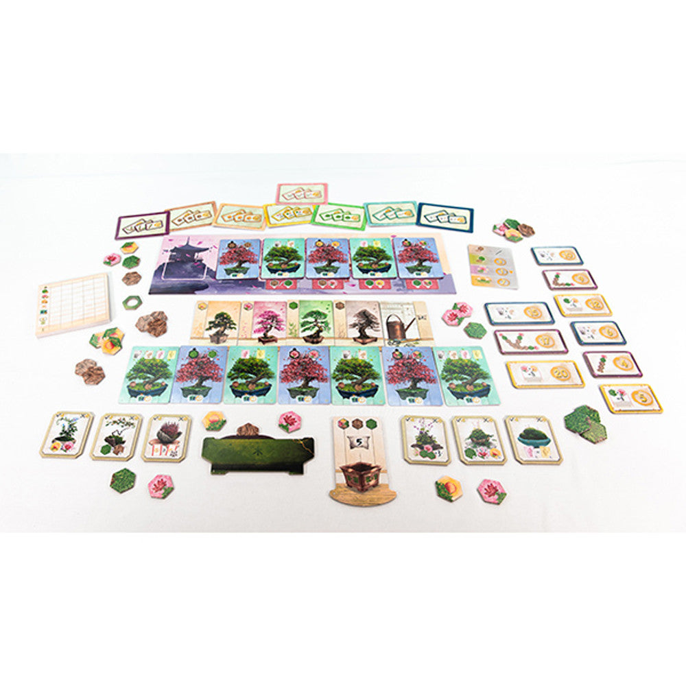 Bonsai: Wabi Sabi Expansion game components displayed, including cards, tokens, and a game board on a white background.