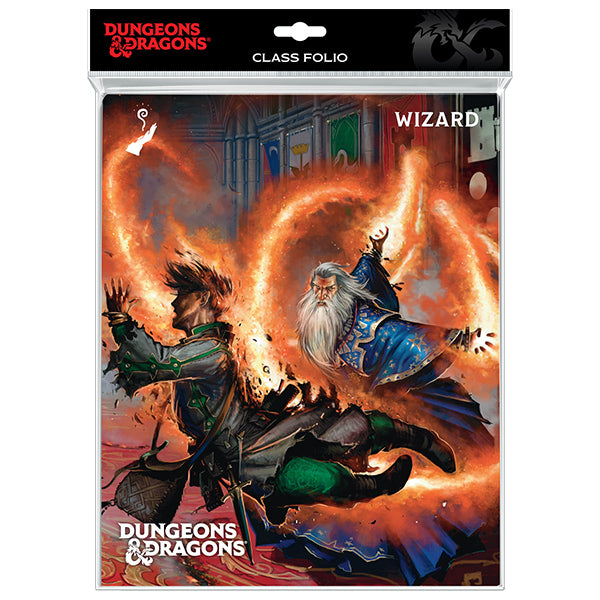 Dungeons and Dragons Wizard class portfolio featuring a wizard casting spells against an enemy in a dynamic fantasy scene.