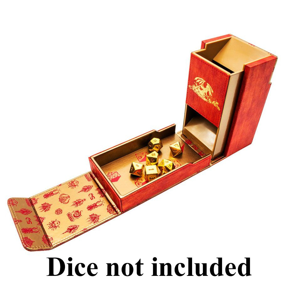 Red leatherette dice tower for D&D's 50th anniversary, featuring a gold design and a compartment for dice storage.