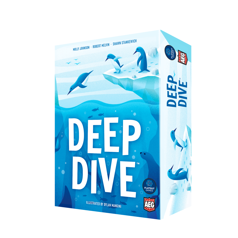 Colorful board game box for "Deep Dive," featuring playful sea creatures and a vibrant underwater theme.