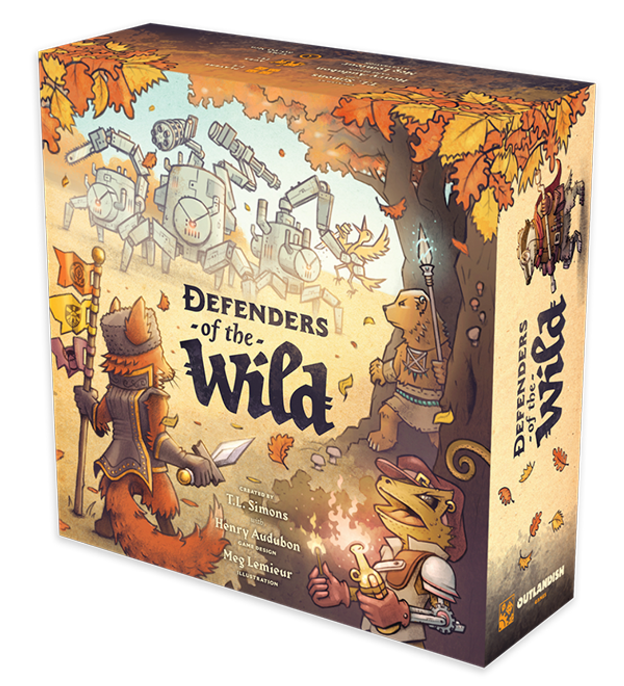 Colorful board game box for "Defenders of the Wild," featuring woodland animals and whimsical robots in a forest setting.
