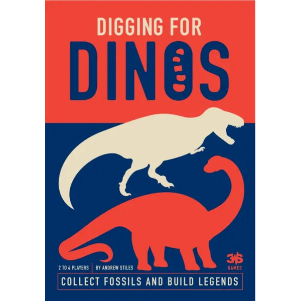 Colorful board game cover for "Digging For Dinos," featuring dinosaur silhouettes and text about collecting fossils.