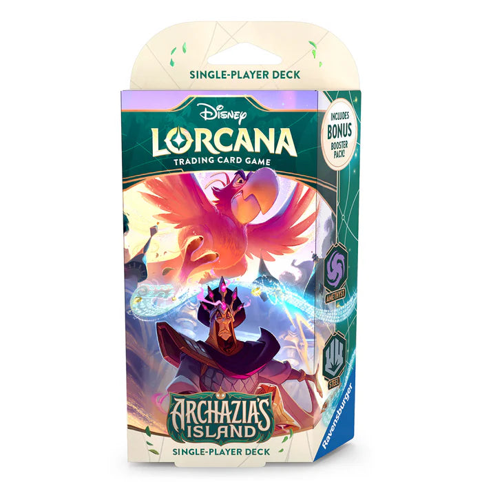 Disney Lorcana TCG Archazia's Island starter deck featuring vibrant artwork of a phoenix and a character in regal attire.