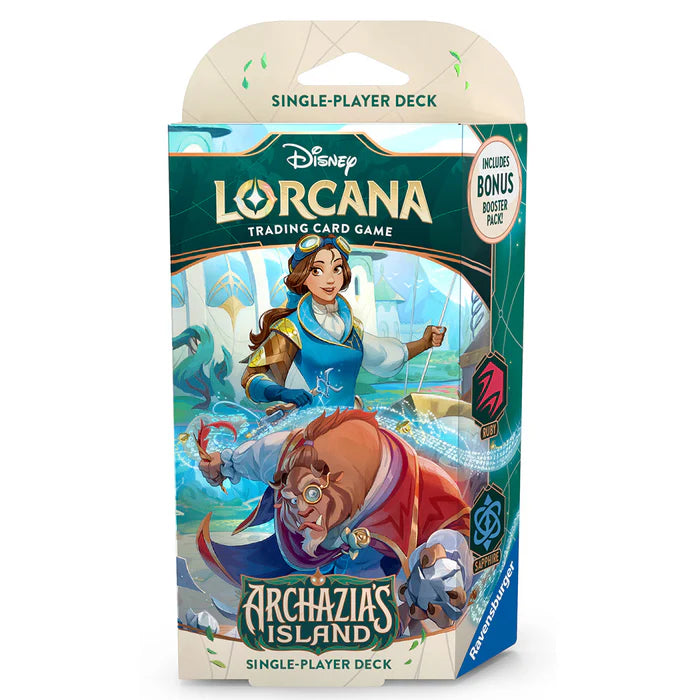 Disney Lorcana TCG Archazia's Island starter deck featuring Ruby and Sapphire, showcasing vibrant artwork and characters.