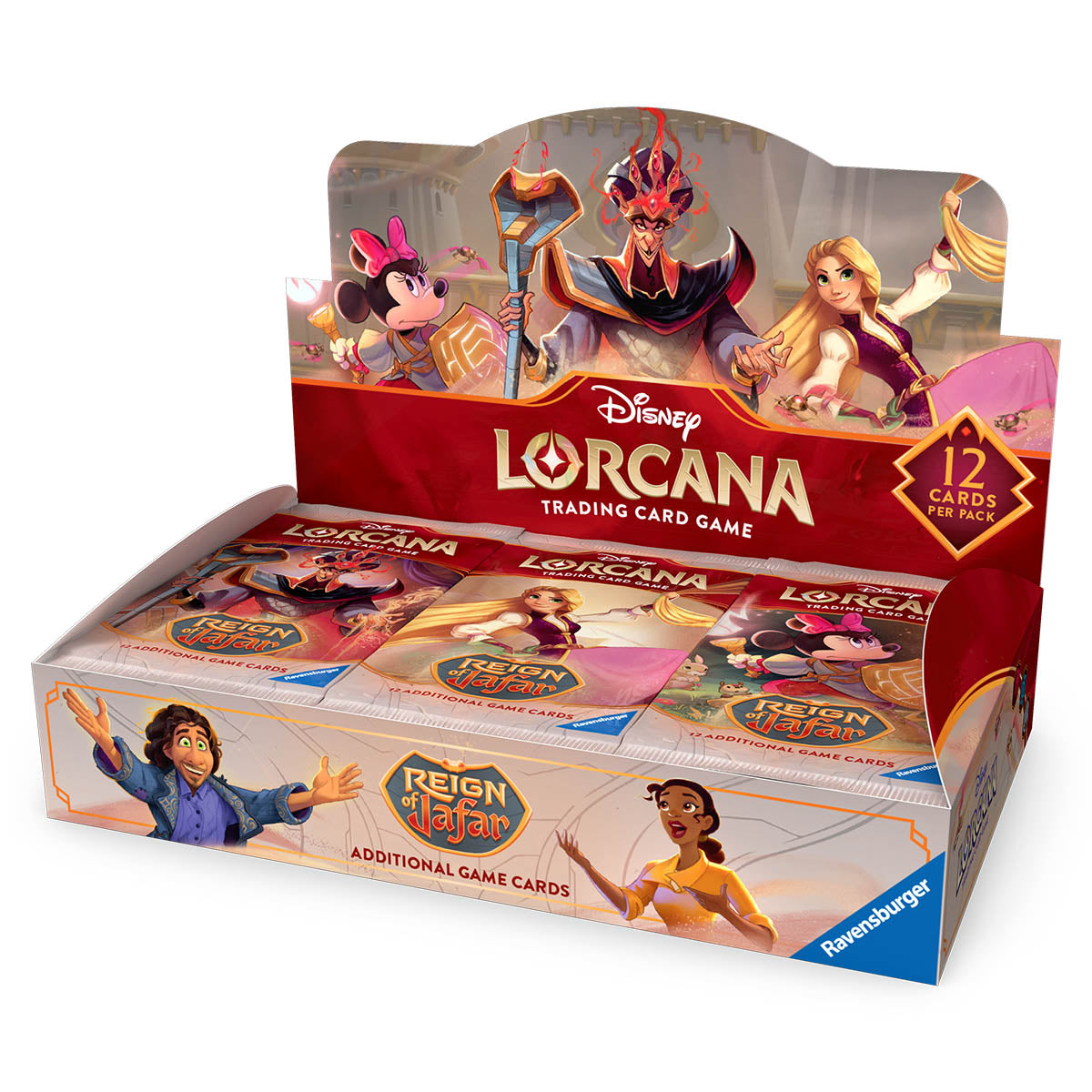Disney Lorcana TCG Reign of Jafar booster box displaying 24 packs, featuring iconic characters and vibrant artwork.