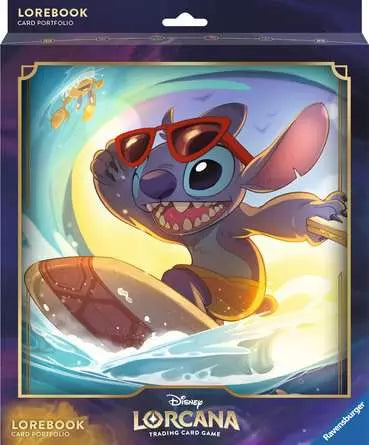 Disney Lorcana TCG portfolio featuring Stitch surfing with sunglasses, vibrant colors, and a playful design for card storage.