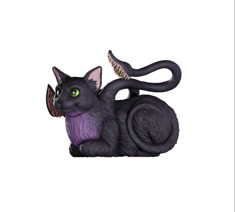 Life-sized Displacer Beast kitten figure featuring a sleek black body, purple accents, and tentacle-like appendages.