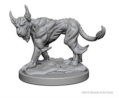 Unpainted miniature of a Blink Dog from Dungeons & Dragons, featuring detailed muscular structure and dynamic pose.
