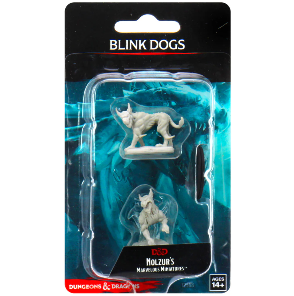 Unpainted miniatures of two Blink Dogs from Dungeons & Dragons, packaged for tabletop gaming and painting.