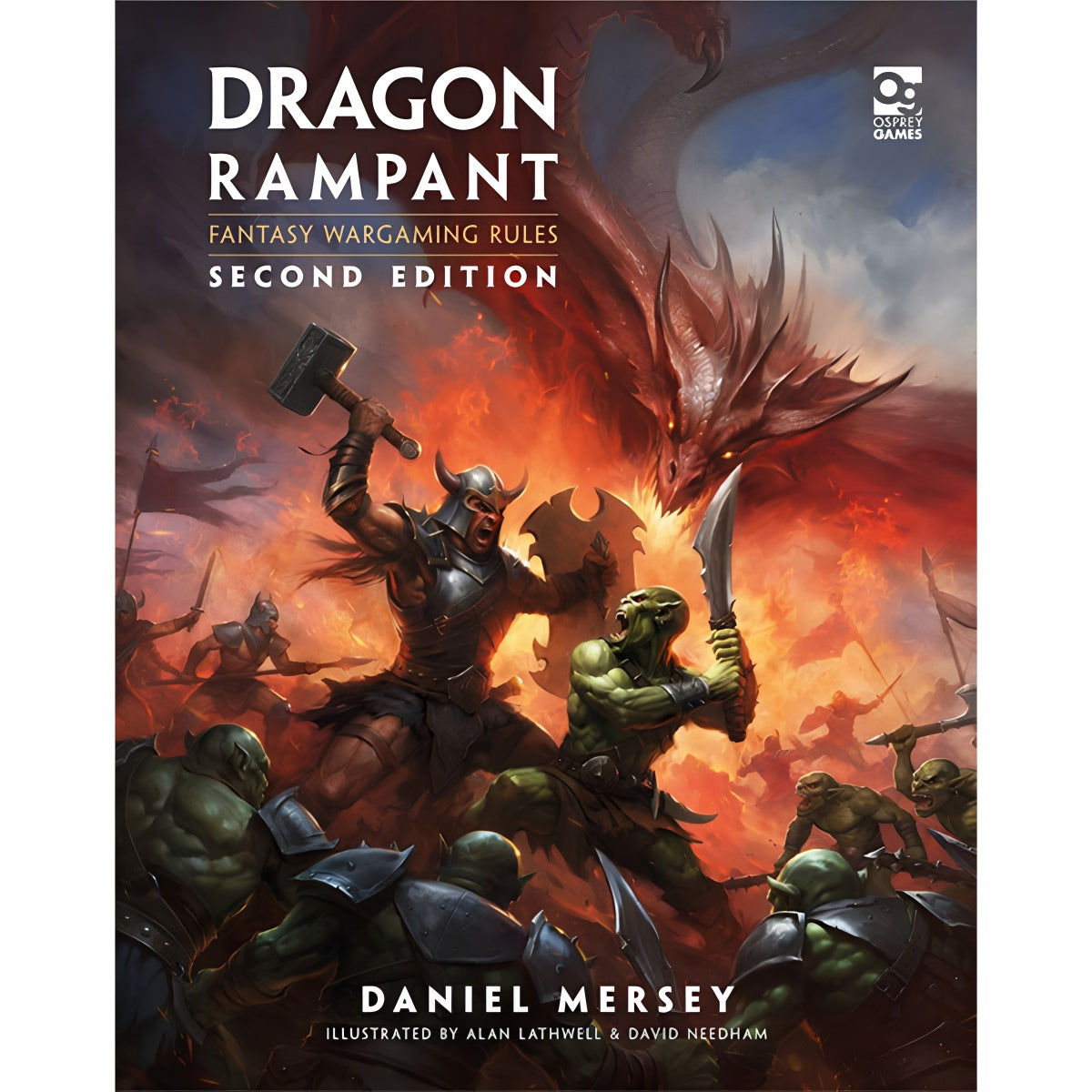 Cover of Dragon Rampant Second Edition featuring a warrior battling a dragon with fantasy wargaming elements.