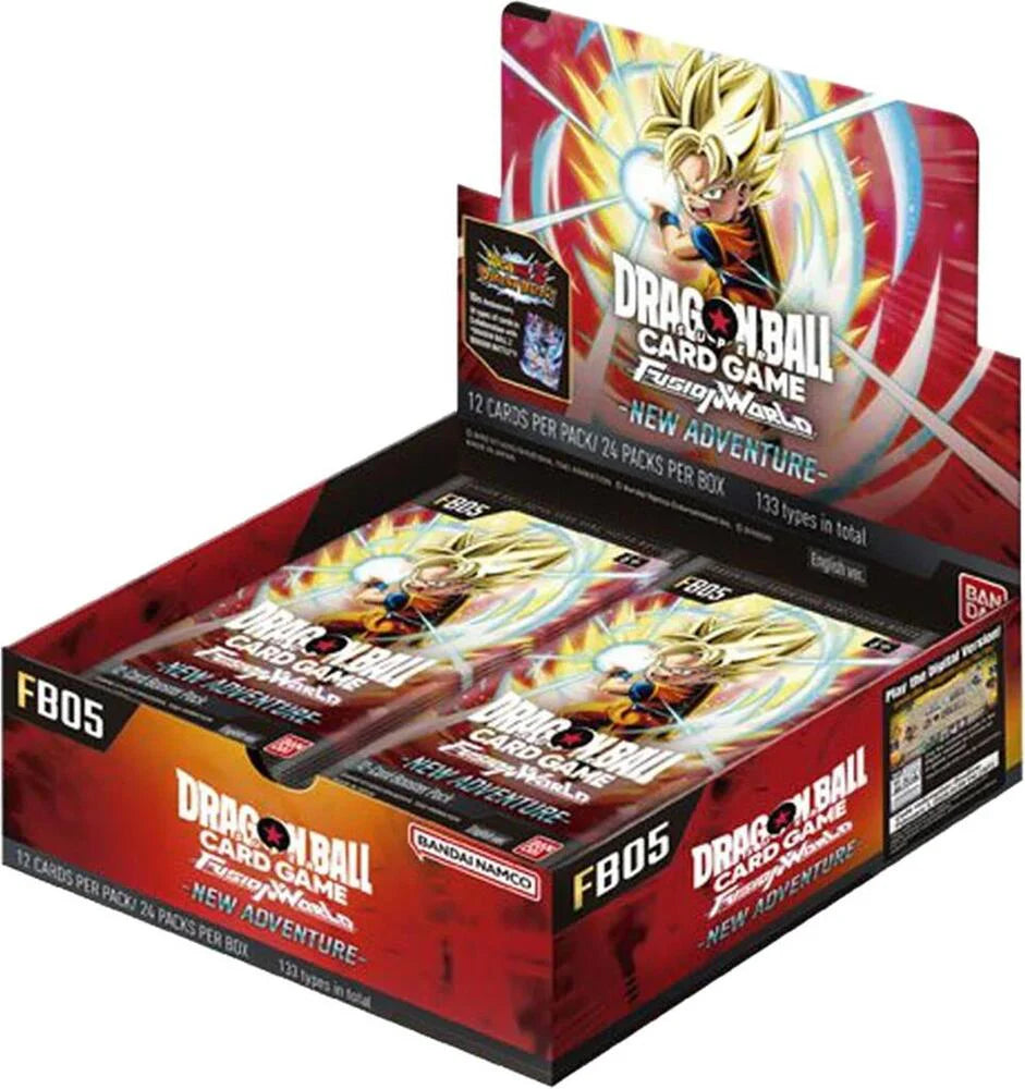 Dragon Ball Super TCG Fusion World New Adventure booster box displaying packs and promotional art, featuring vibrant colors and characters.
