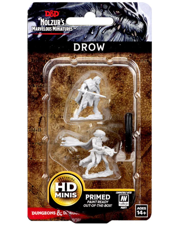 Unpainted Dungeons & Dragons Nolzur's Marvelous Miniatures set featuring two Drow figures, primed and ready for painting.