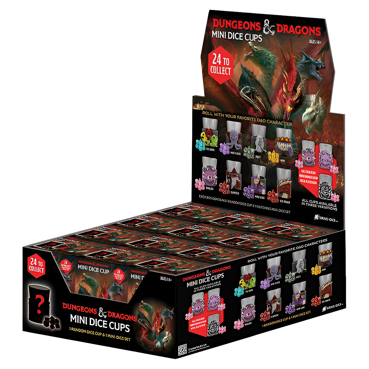 Display of Dungeons & Dragons Mini Dice Cups Series Two, featuring 12 collectible cups in a colorful retail box.