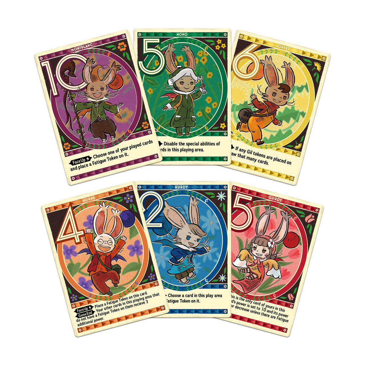 Colorful card designs from Final Fantasy: Moogle Bounty Mayhem featuring whimsical moogle characters and gameplay mechanics.