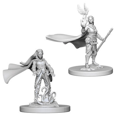 Unpainted miniature of a female elf druid from Dungeons & Dragons, featuring a staff and flowing cape, ready for customization.