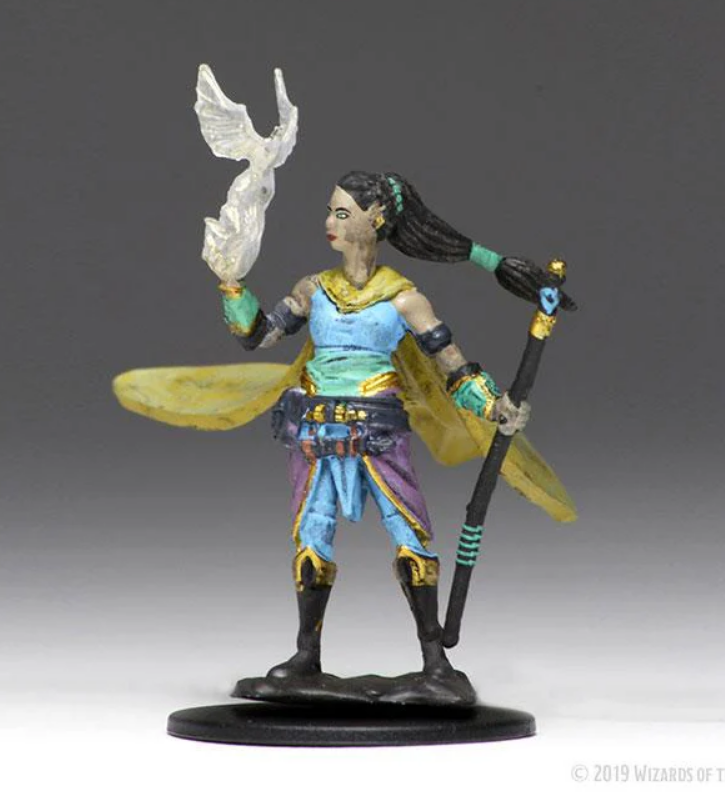 Premium Dungeons & Dragons female elf druid miniature holding a staff and a magical bird figure, detailed and colorful.
