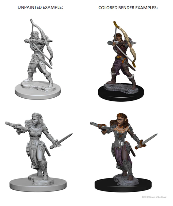 Unpainted and colored examples of Nolzur's Marvelous Miniatures Elf Female Ranger for Dungeons & Dragons.