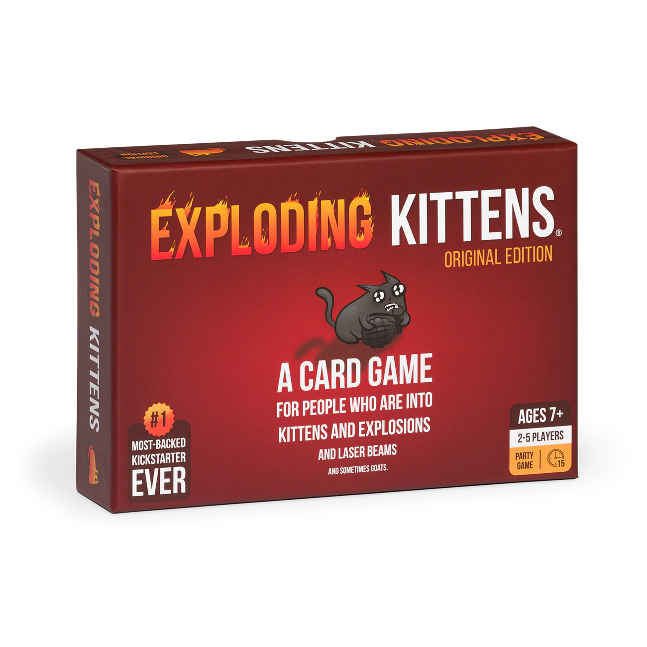 Exploding Kittens card game box featuring a playful cat design, suitable for 2-5 players aged 7 and up.