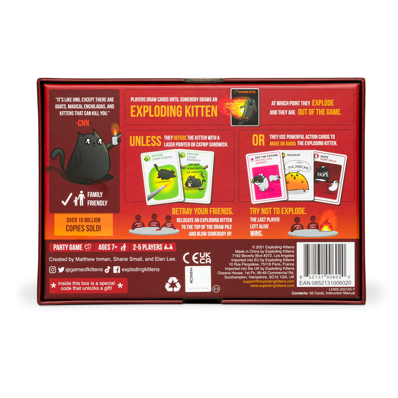 Back of the Exploding Kittens game box, featuring game rules, illustrations, and player instructions.