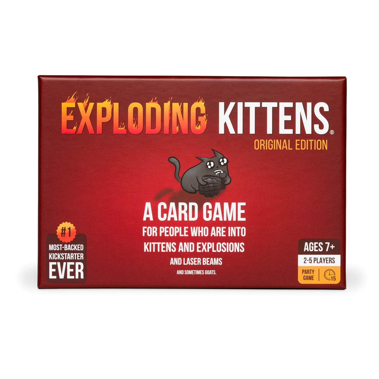 Exploding Kittens card game box featuring a cartoon cat, designed for 2-5 players, ages 7 and up.