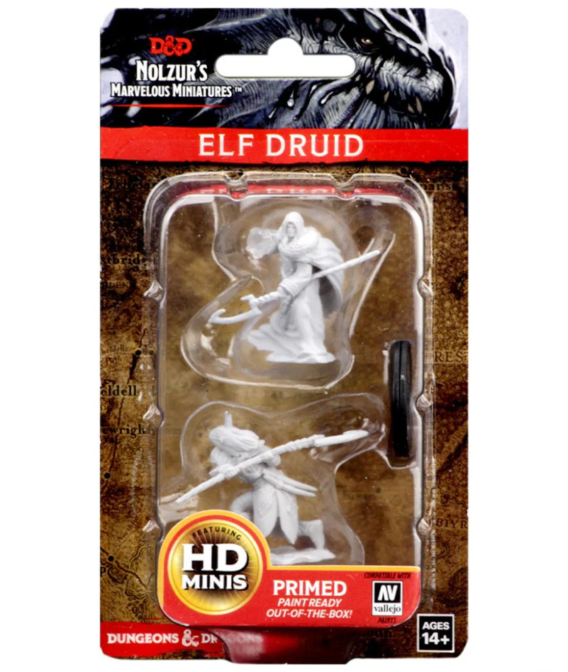 Unpainted miniatures of a male elf druid from Dungeons & Dragons, packaged and ready for painting.
