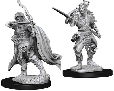 Unpainted miniatures of a male elf rogue and a male elf warrior, both wielding swords, ideal for Dungeons & Dragons gameplay.