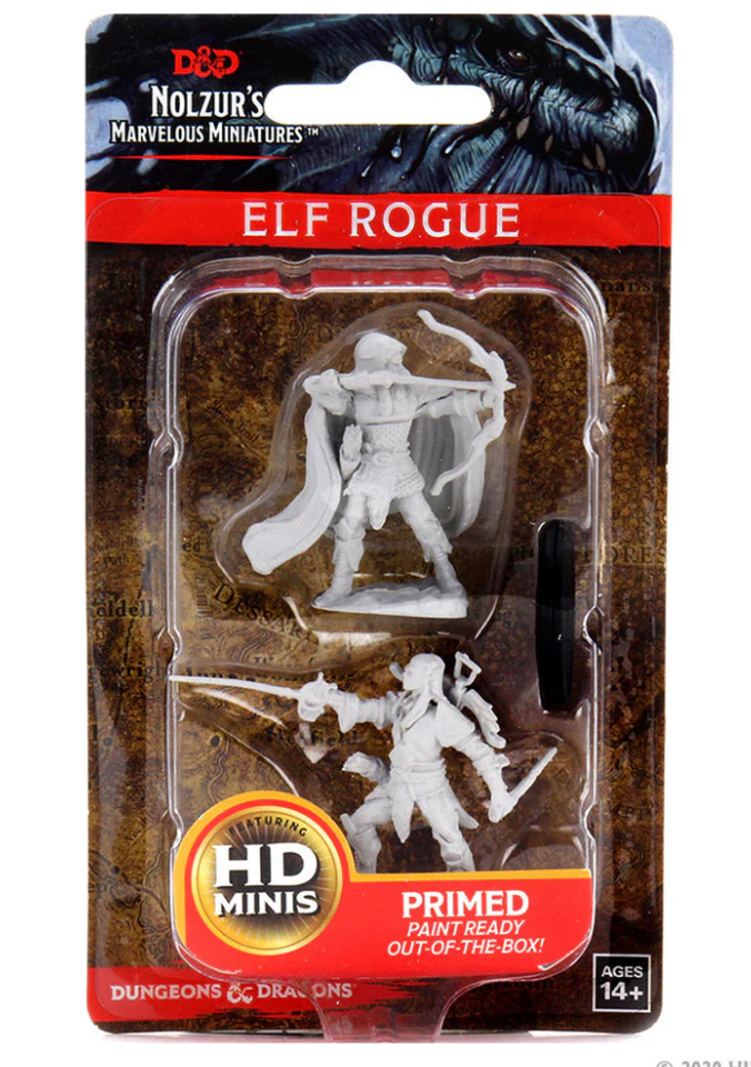 Unpainted miniature of an elf male rogue from Dungeons & Dragons, featuring two poses and primed for painting.