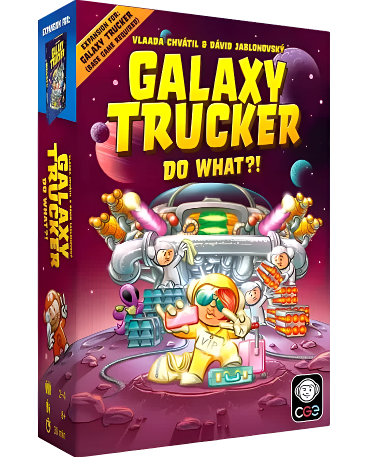 Galaxy Trucker: Do What?! expansion box featuring colorful artwork of space trucks and playful aliens in a cosmic setting.
