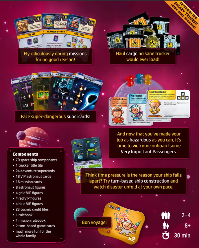 Galaxy Trucker: Do What?! expansion preorder image showcasing game components, including cards, tokens, and player figures.