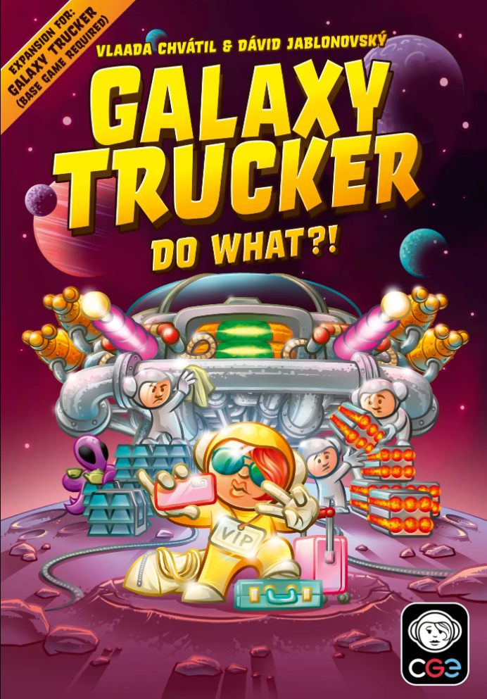 Galaxy Trucker: Do What?! expansion cover featuring colorful space-themed artwork and a playful astronaut character.