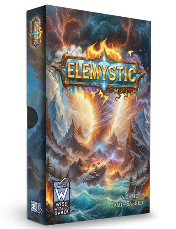 Colorful box art for Elemystic, a strategy board game featuring icy mountains and mystical landscapes, by Wise Wizard Games.