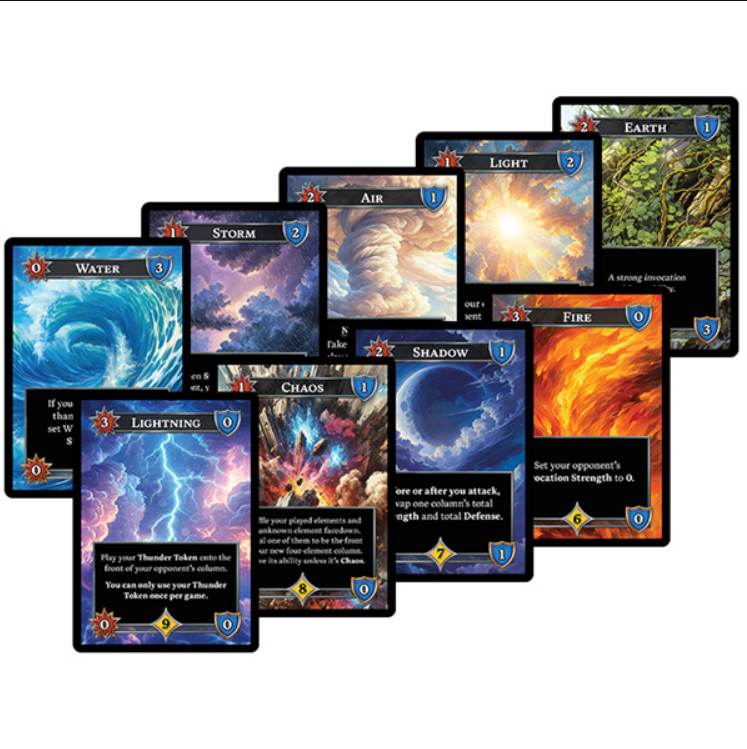 A collection of colorful trading cards from the game Elemystic, featuring elemental themes like Water, Fire, and Lightning.