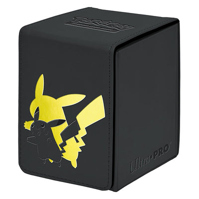 Black Alcove Flip deckbox featuring a gold Pikachu design, designed to hold over 100 Pokémon cards securely.