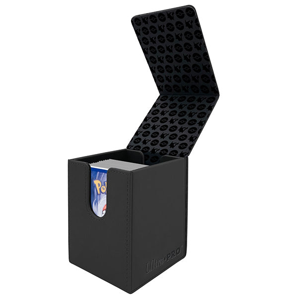 Alcove Flip 100+ Deckbox for Pokémon cards featuring a sleek black exterior and Pikachu-themed interior design.