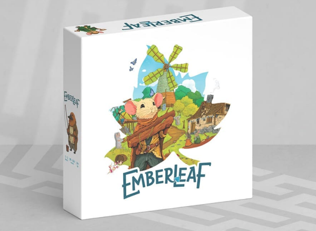 Emberleaf board game box featuring a whimsical illustration of a mouse character in a vibrant landscape with a windmill.