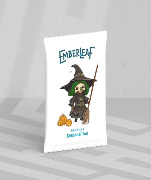 Emberleaf Hero Pack 2 featuring a whimsical witch character with a broom and pumpkins, labeled Seasonal Fun.