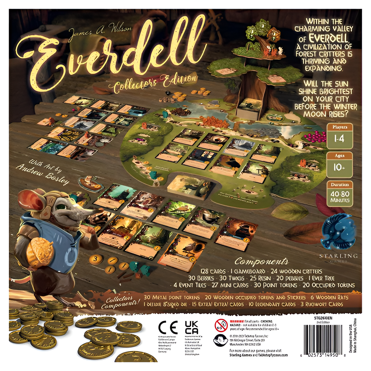 Everdell Collector's Edition board game with components displayed, including cards, tokens, and game board in a forest setting.