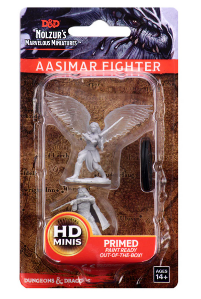Unpainted miniature of a female Aasimar fighter with wings, packaged for Dungeons & Dragons gameplay.