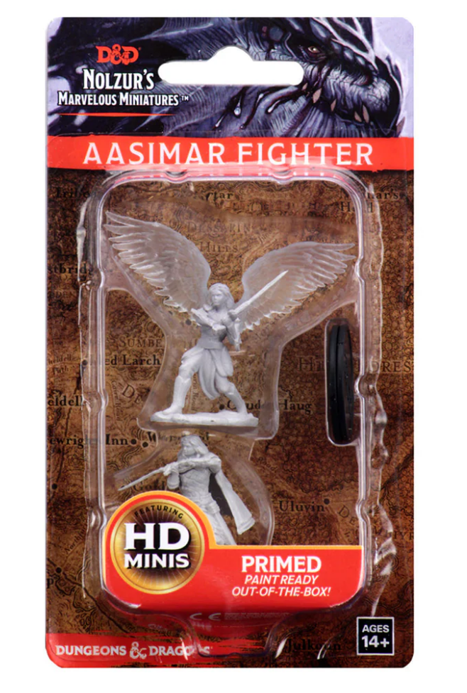 Unpainted miniature of a female Aasimar fighter with wings, packaged for Dungeons & Dragons gameplay.