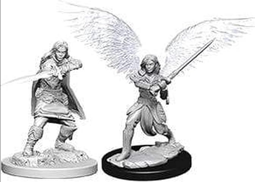 Unpainted miniatures of a female Aasimar fighter with wings and a sword, alongside a male figure in a dynamic pose.