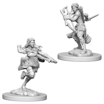 Unpainted miniatures of a female Air Genasi rogue in two dynamic poses, ready for tabletop gaming in Dungeons & Dragons.