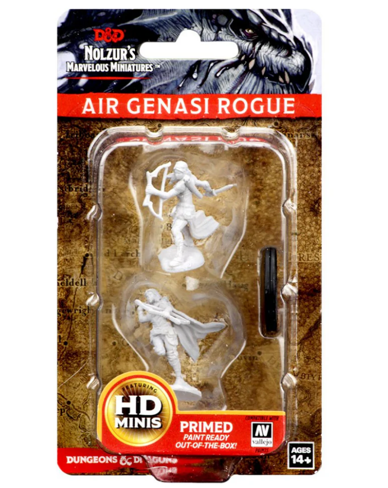 Unpainted miniatures of an Air Genasi female rogue from Dungeons & Dragons, packaged and ready for painting.