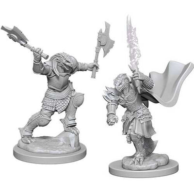 Unpainted Dragonborn female fighter miniatures from Dungeons & Dragons, showcasing detailed armor and weapons.