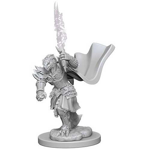 Unpainted Dragonborn female fighter miniature from Dungeons & Dragons, wielding a sword and wearing armor.